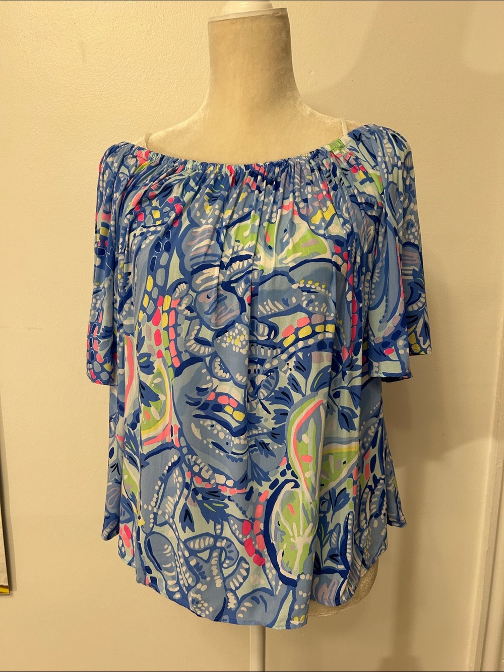 Lilly Pulitzer Blue Floral Paisley Off-Shoulder Top